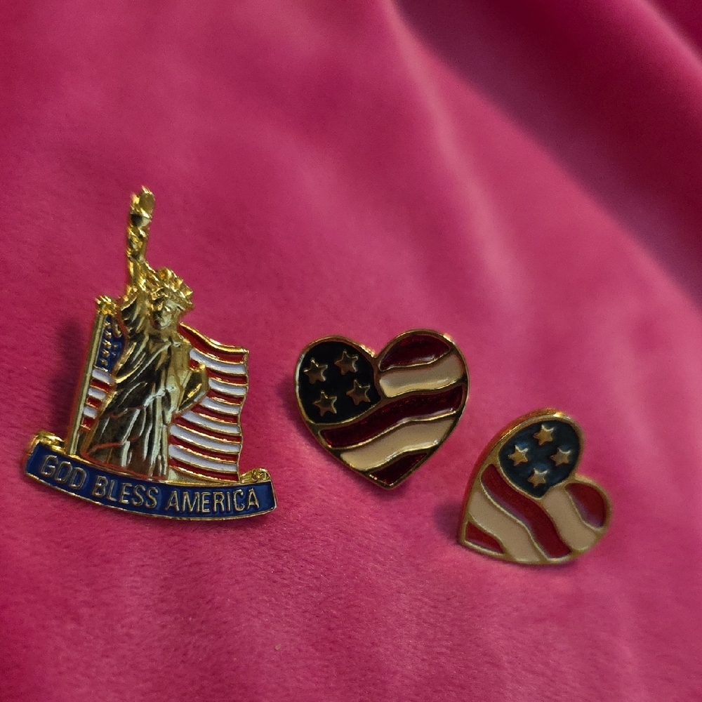 Vintage Patriotic Pin Set with Statue of Liberty and AVON  Heart Flags
